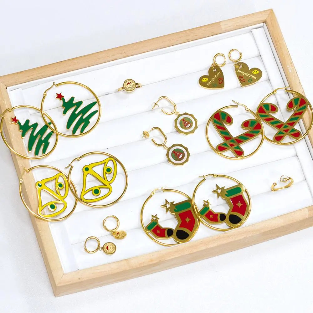 Santa Circle Big Hoop Earrings For Christmas Cute Christmas Tree Stocking Canes Jingle Bell Charm Earrings Trendy asonjewelry